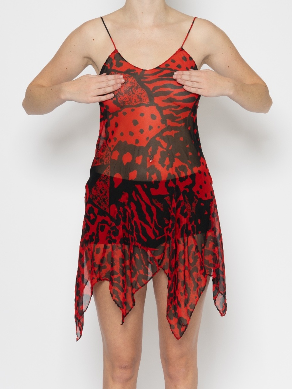 Vintage mesh mini dress red cheetah print asymmetrical hem size small papillon